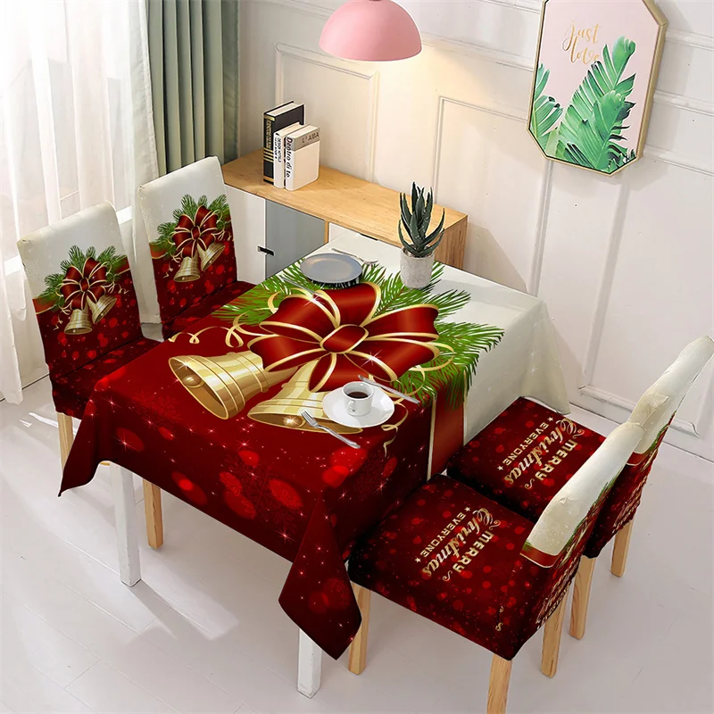 

Christmas Table Cloth Chair Cover Snowflake Bell Pattern Waterproof Tablecloth Xmas Decoration Kitchen Dining Chair Slipcover