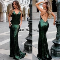 2019 emerald green sequined prom party dresses v neck mermaid open back long evening gowns for celebrity dress