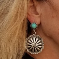 ethnic round inlaid blue green stone earrings for women boho jewelry vintage silver color metal carving flower drop earrings