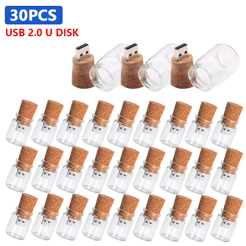 

30pcs Wood Box + Wishing Bottle USB 2.0 Flash Drive 8GB 16GB 32GB 64GB Glass Memory Stick Drifting Bottle U Disk Wedding Gift