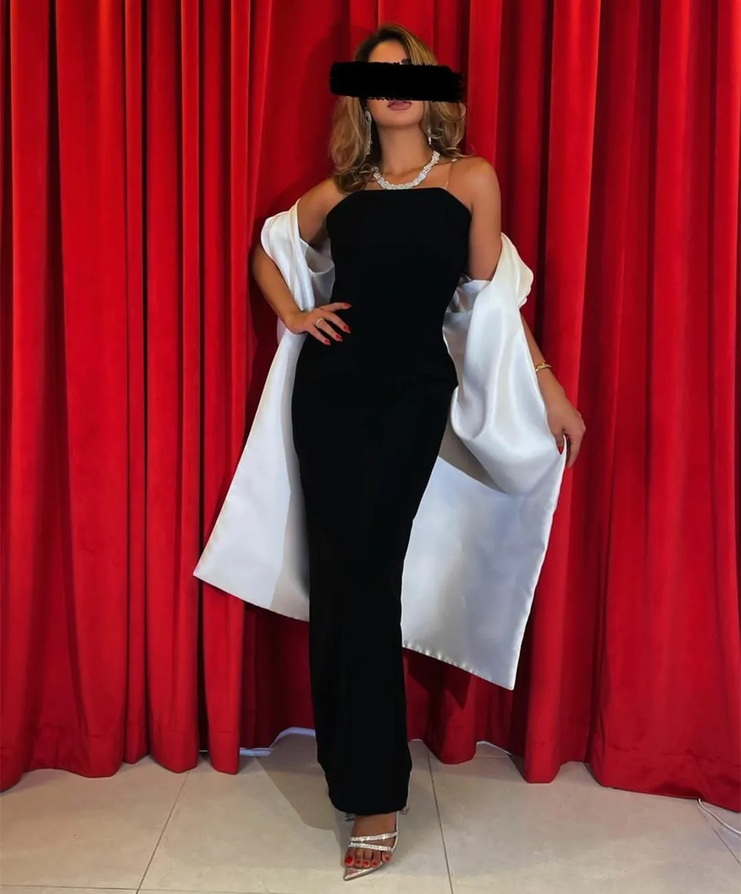 

Black Long Strapless Satin Evening Dresses With Wrap فساتين السهرة Sheath Ankle Length Prom Dress Robe de soirée for Women