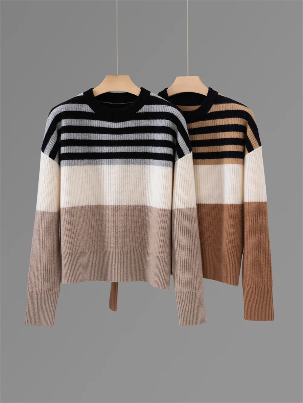 

100% Cashmere Women Stripes Sweater Color Patchwork Long-sleeved Round Neck Female 2023 Autumn Winter Pullover