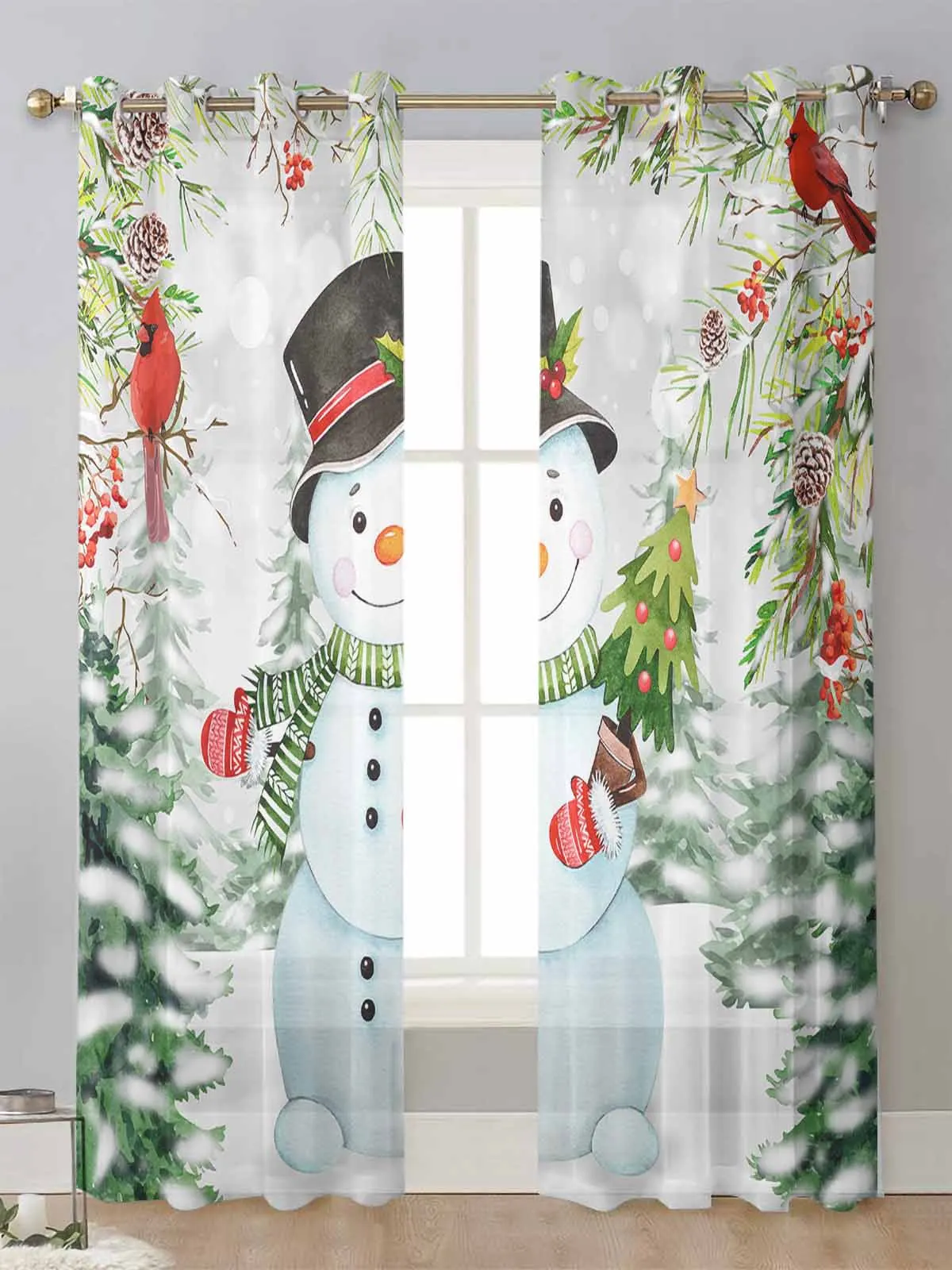 

Christmas Snowman Snow Scene Cardinals Sheer Curtains For Living Room Window Voile Tulle Curtain Cortinas Drapes Home Decor