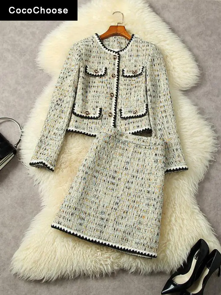 

Office Lady Elegant Plaid Tweed Dress Set Women 2022 Runway Autumn Winter Long Sleeve Wool Woolen Jacket and Skirt Suit Outfits