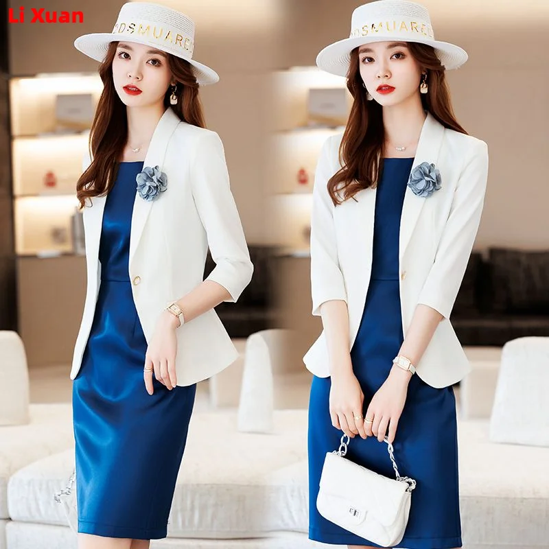 Spring Summer Dress Suits Women Fashion Two Piece Set Outfits Blazer Top Office Korean Ladies Formal OL Work Professional Wear