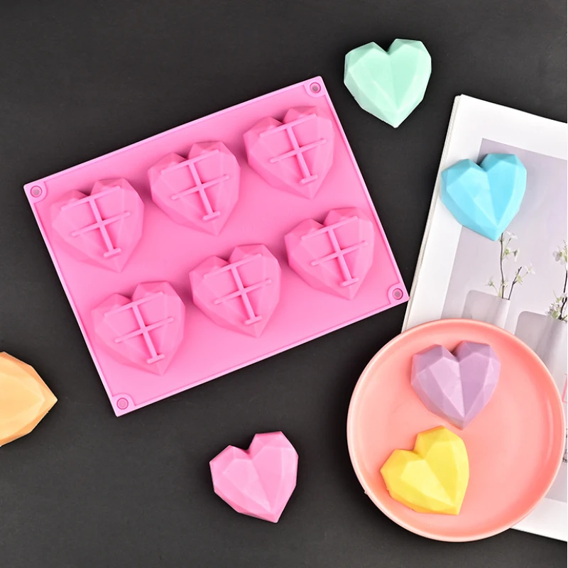 

3D Silicone Heart Shape Fondant Mould Cake Chocolate Baking Mold 6 Cavity Love Diamond Silicone Mould Modelling Decor