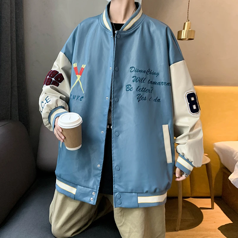 

YASUGUOJI New 2022 PU Letter Jacket Men Oversize Motorcycle Jacket Vintage Embroid Patchwork Varsity Jacket Baseball Bomber Coat