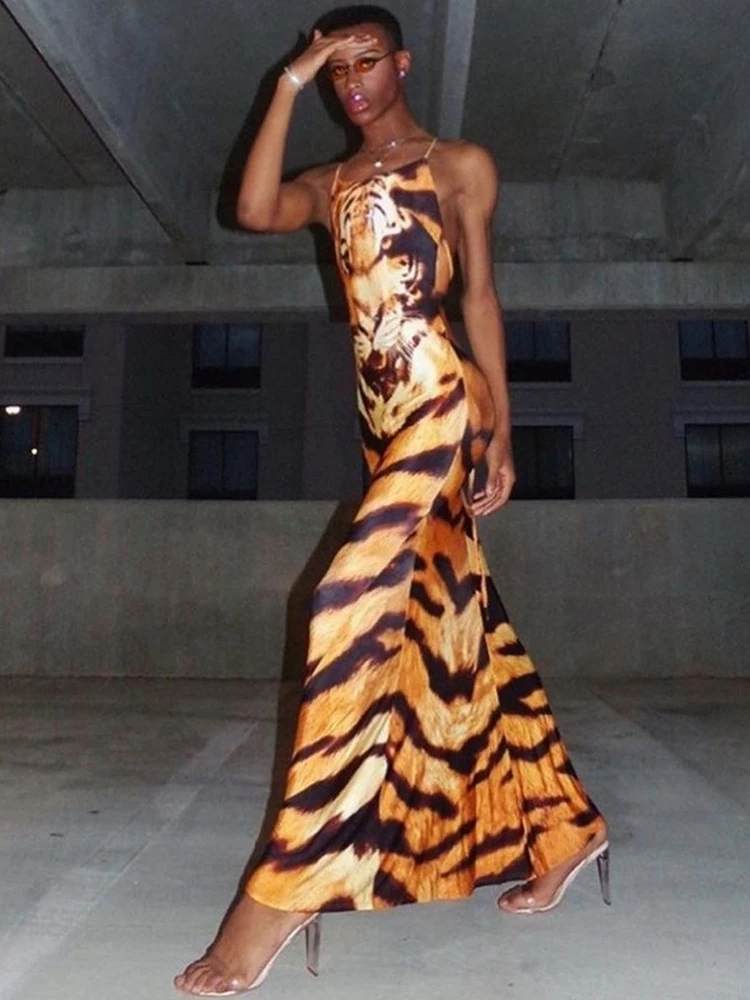 YIKUO Fashion Tiger Printed Maxi Dress 