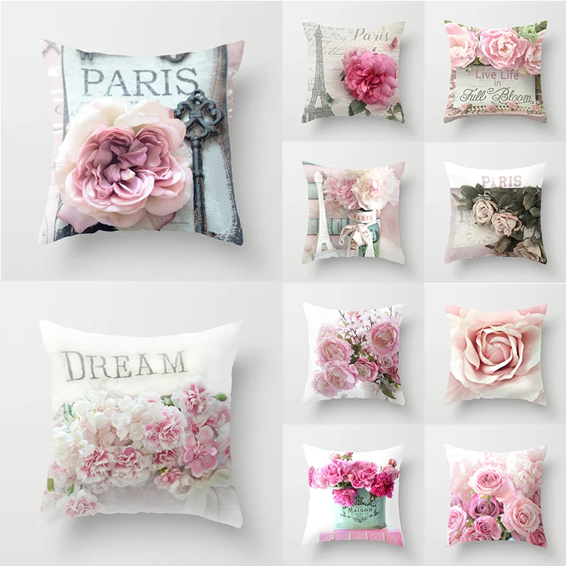 

Romantic Petal Pillowcase Rose Eiffel Tower Cushion Cover Home Sofa Chair Car Office Decoration Accessories 40x40cm
