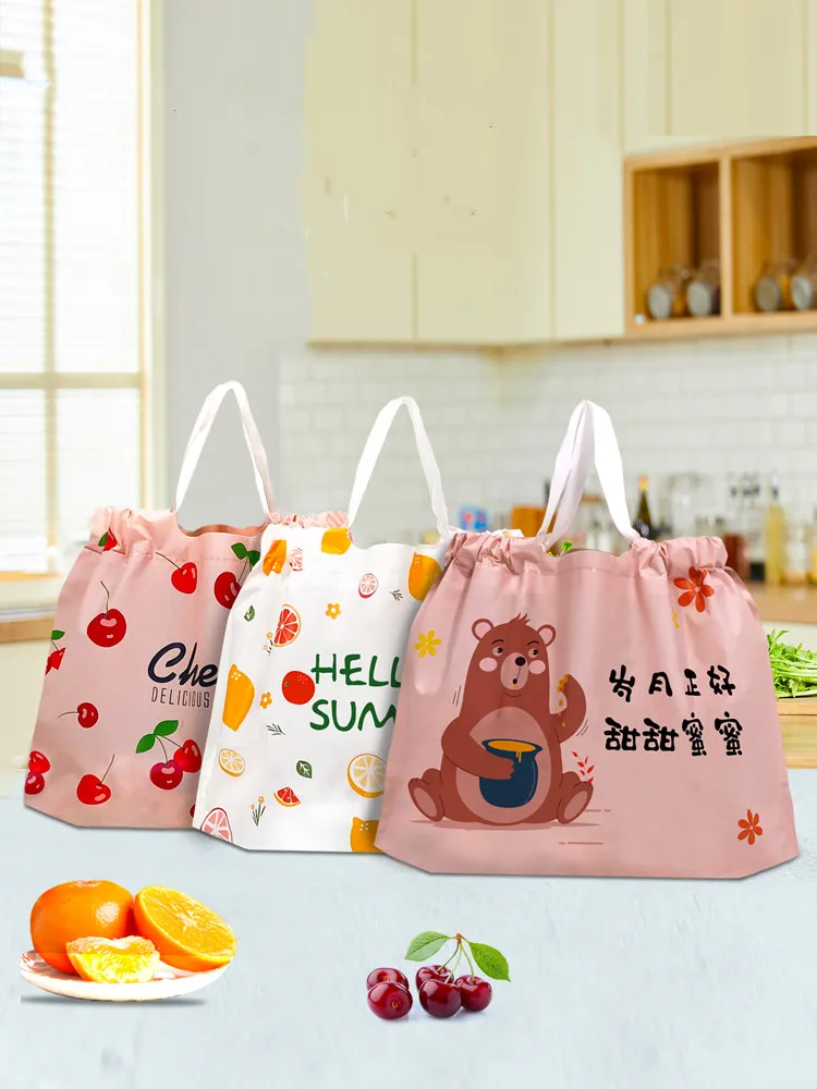 

50PCS Cartoon Bear Bundle Pocket Flower Cherry Word Thickened Plastic Takeout Bag Green Blue Hand Handle Custom Logo Fruit Bags