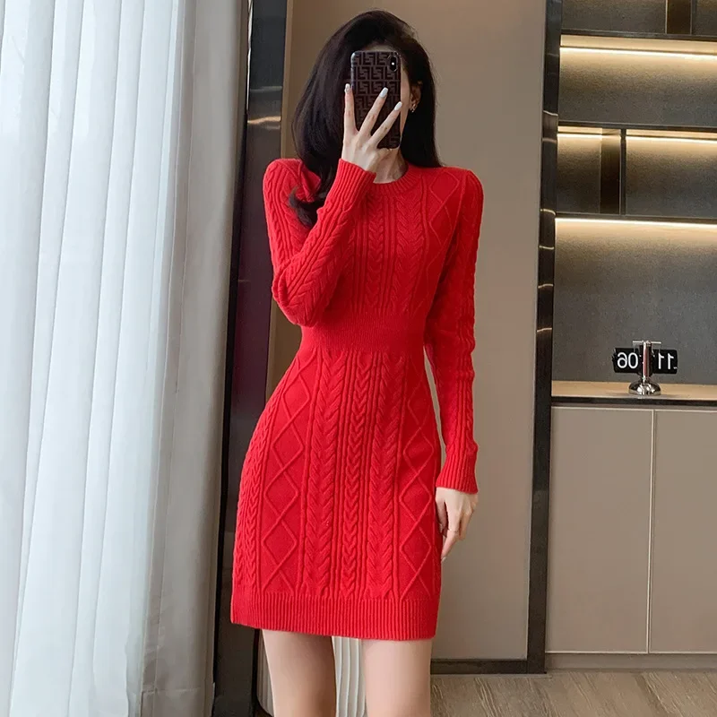 

Red Knitted Pencil Dress Women Round Neck Sexy Short Sweater Dress Female Office Skinny Knitwear Mini Dress High Waisted