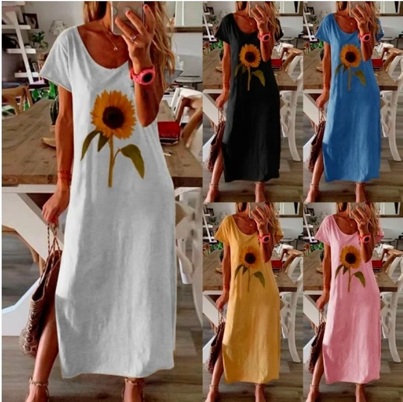 

Plus Size Women Sunflower Dress Casual Ladies Print Side Slit Long Maxi Dress Women Summer Beach Dress Vintage Vestidos