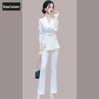 womens spring new elegant suits sets slim sashes split blazer high waist trend wide leg pants all match two piece set female