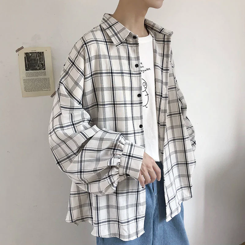 

HybSkr Harajuku Loose Plaid Men's Shirts Long Sleeve Casual Loose Male Blouses Turn-down Collar Autumn Korean Style Tops