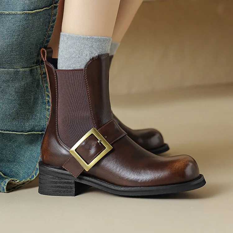 

Vintage Brown Leather Women Chelsea Boots Platform Autumn Short Botas Metal Buckle Elastic Band Black Motorcycle Botines Femmes