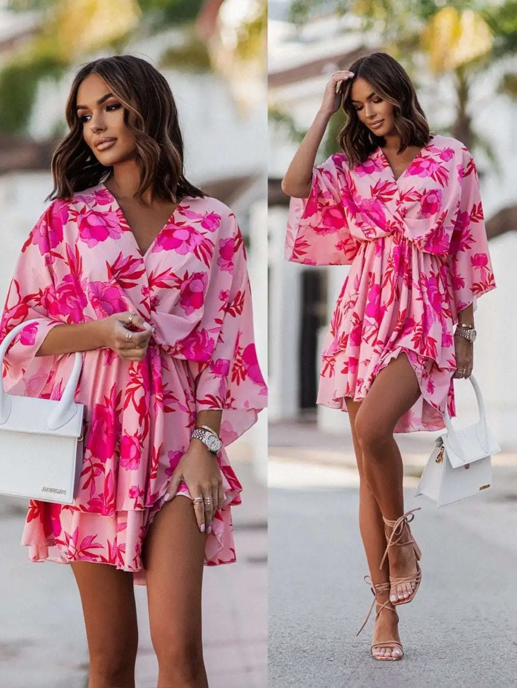

Summer New Chiffon Ruffle Dress Women Amazon Print V-Neck Knot Waist Doll Sleeve Mini Dress Vestidos De Mujer
