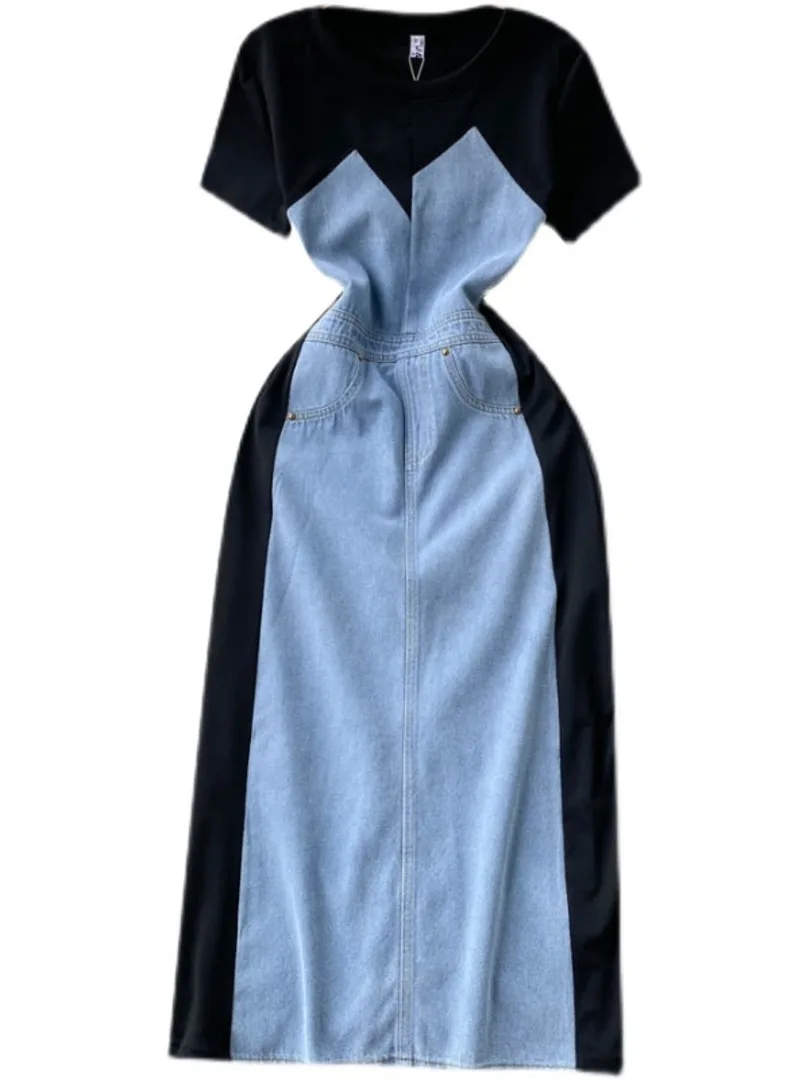 

Foamlina Casual Women Denim Patchwork Summer Dress Elegant O-neck Short Sleeve Slim Fit Back Split Midi Jeans Dress Streetwear