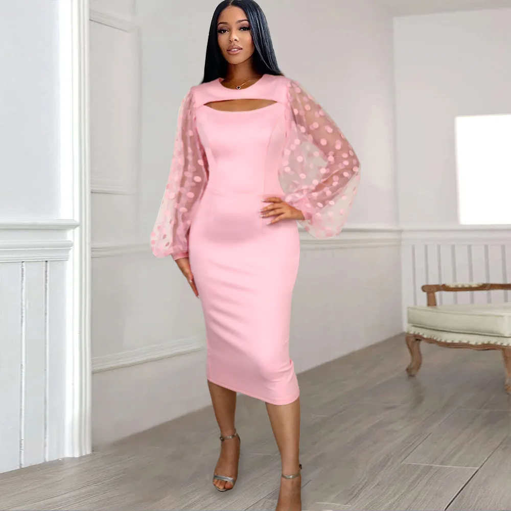 

Autumn Elegant Long Sleeve Round Neck Pink Blue Polyester Knee-length Dress African Dresses for Women Bodycon Dress S-4XL