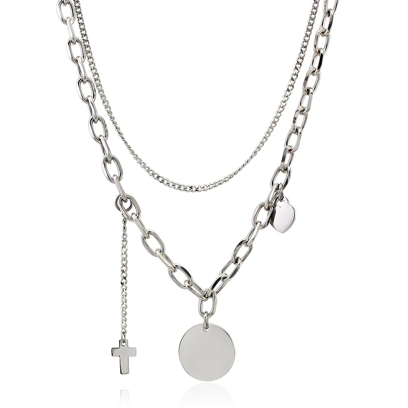

Stainless Steel Multilayer Double Layered Round Pendant Heart Cross Charms Necklace Collier Femme Statement Hip Hop Jewelry