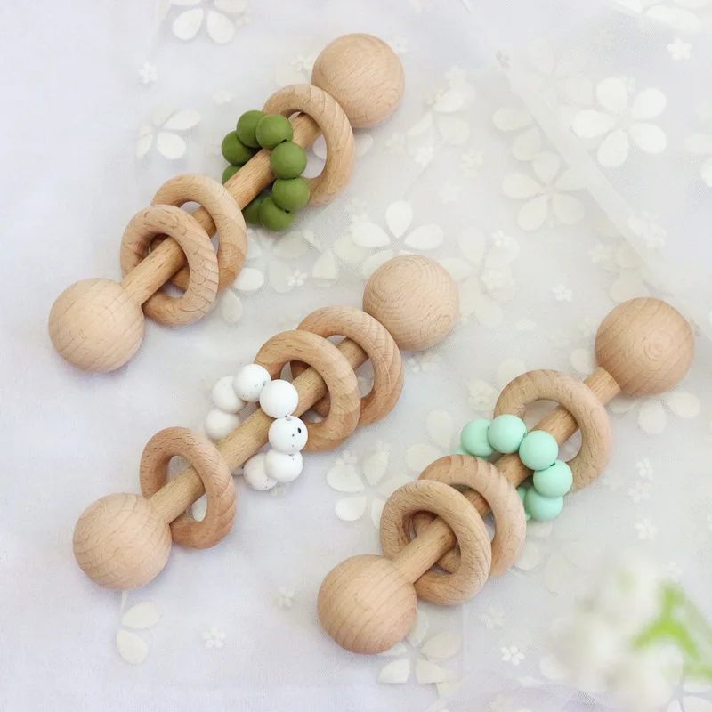 

Baby Wooden Rattles Beech Wood Silicone Teether Toys Infant Toddlers Teething Grab Ability Training Toy