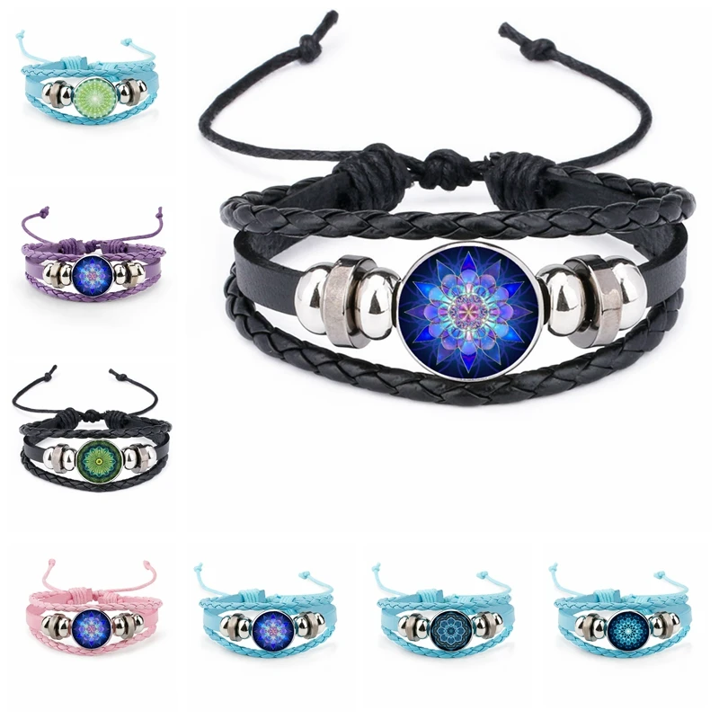 

Ethnic Style Kaleidoscope Mandala Pattern 18mm Glass Cabochon 4-color Snap Button Leather Bracelet Fashion Men and Women Gift