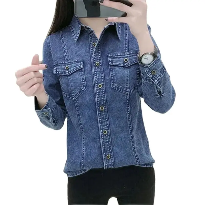 

Женская джинсовая рубашка, Новинка весна-осень 2022, эластичное облегающее джинсовое пальто с длинными рукавами, подходящая ко всему повседн...
