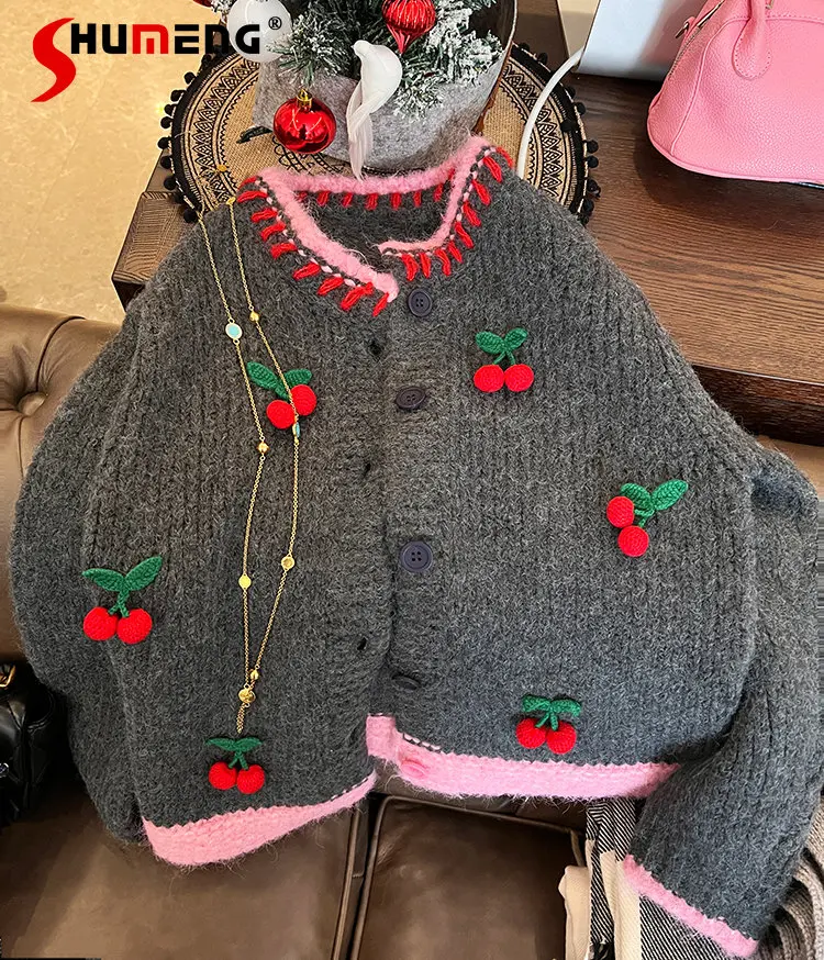 

2022 Winter New Ladies Cherry Fashion Trendy Stitching Contrast Color Knitted Cardigan Coat Women Elegant Retro Slimming Sweater