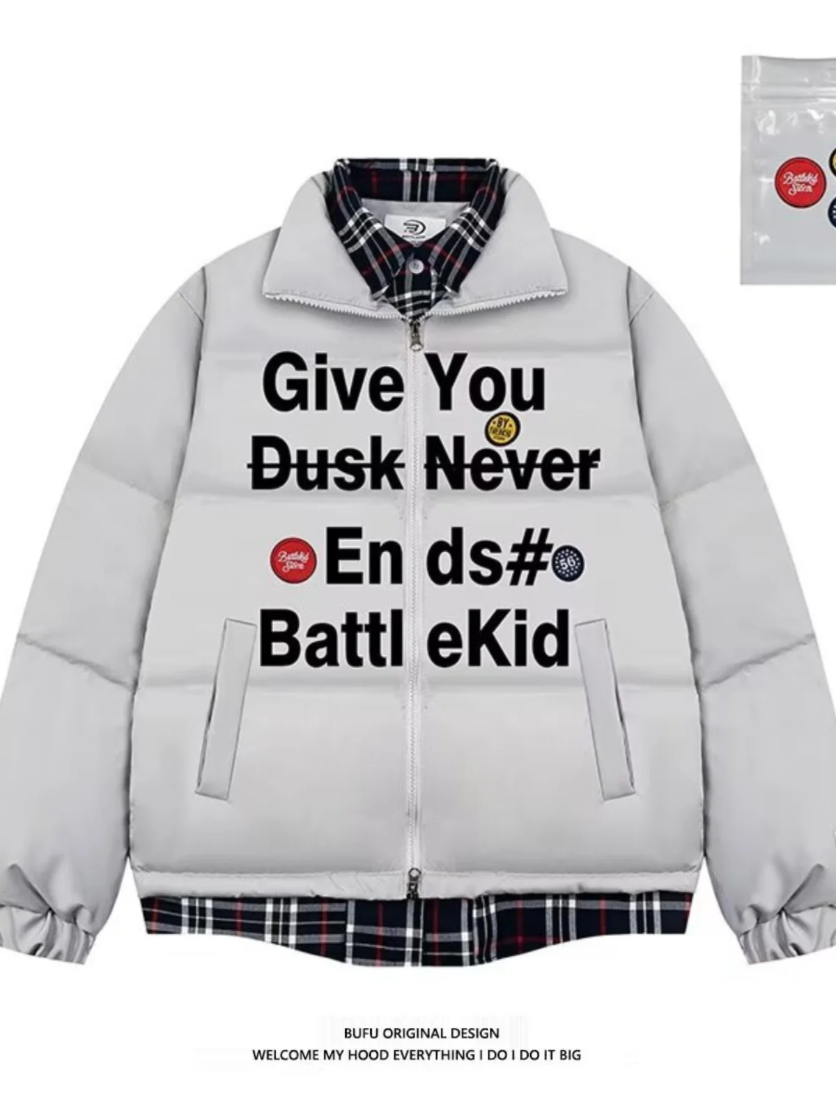 Fake Two-Piece Letter Print Stand Collar Cotton-padded jacket Outerwear Men's and Women's Winter National Fashion Thickened C...