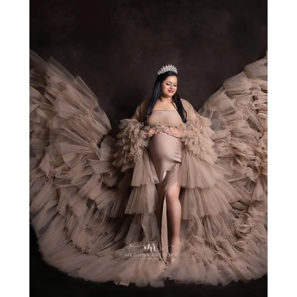 

Puffy Champagne Maternity Dresses for Photo Shoot Tiered Ruffles Long Sleeves 2 Pieces Babyshower Party Sexy Pregnancy Robes