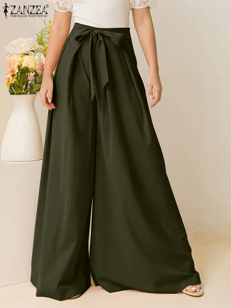 

ZANZEA Autumn Women Long Pants Fashion High Waist Wide Leg Trousers 2022 Vintage Bandage Waisted Bottoms Casuak Loose Pantalones