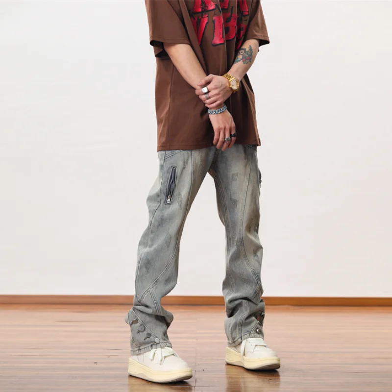 Hip Hip Streetwear Denim Straight Pants Mens Harajuku Retro Washed Cotton Casual Zipper Joggers Jeans Trousers Pants Jean Men