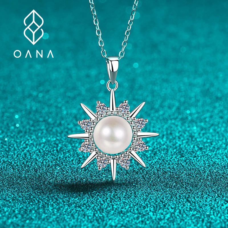 

OANA 925 Sterling Silver Necklace For Women Natural Freshwater Pearl Moissanite Sun Flower Pendant Pt950 Jewelry