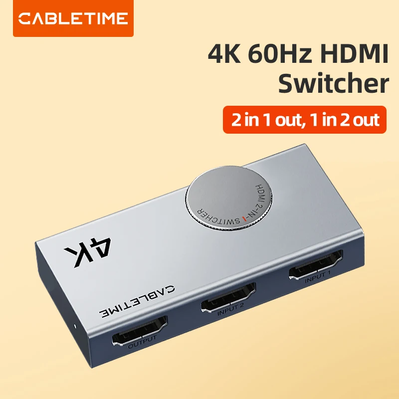 

CABLETIME HDMI-compatible Switcher 4K 60Hz 2 in 1 1 in 2 Out 3D Vision Knob Design for Laptop Macbook Leonovo C447