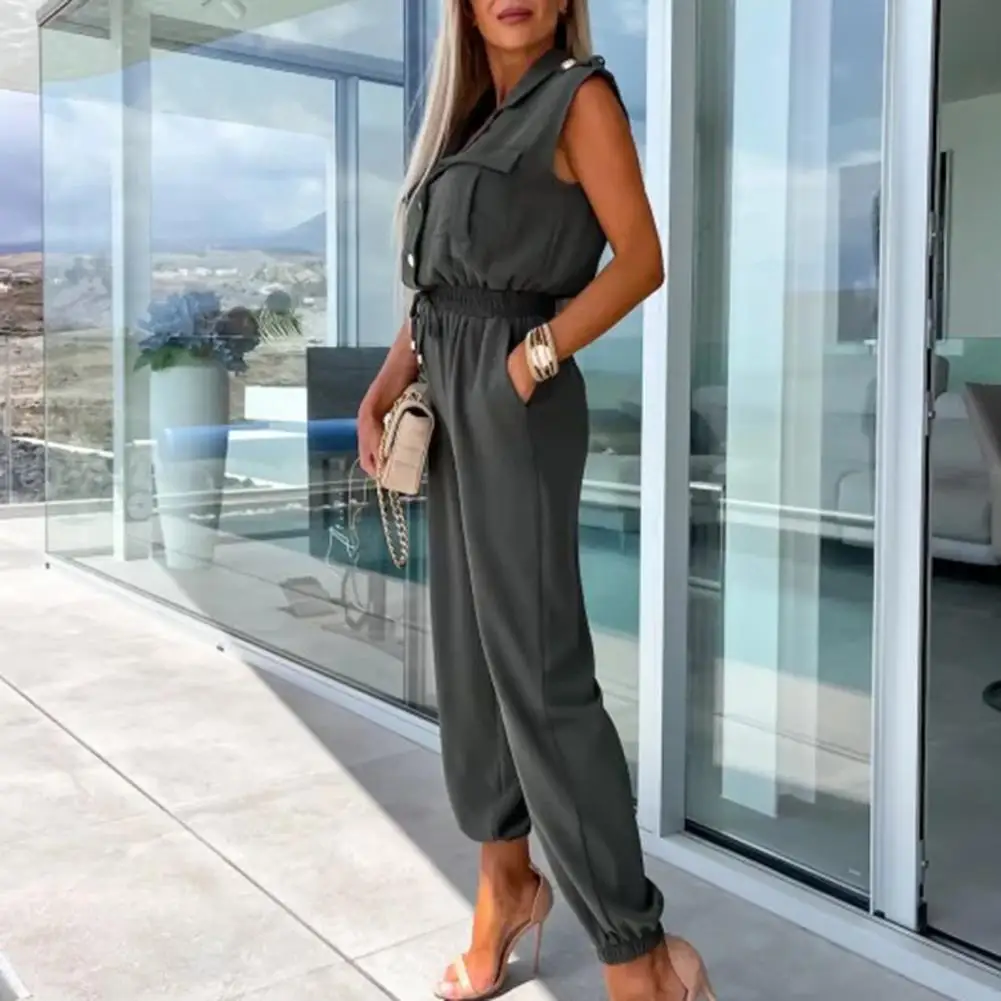 Women Jumpsuit Elegant Lapel V-neck Jumpsuit Flattering Romper with High Waist Elastic Waistband Wide Leg for Office Office