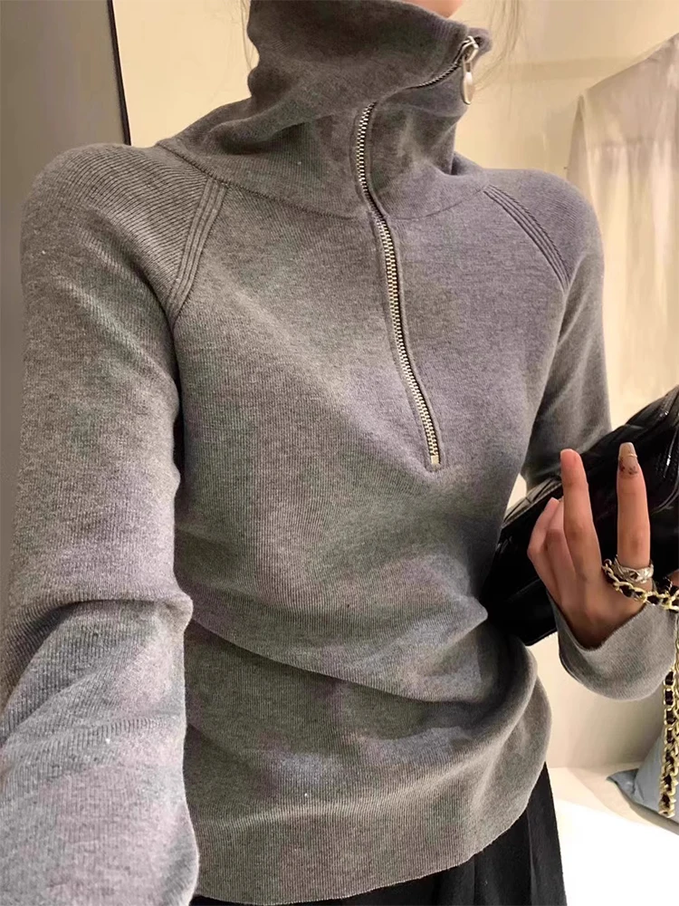 Gray Half Zipper Turtleneck Knitted Bottoming Shirt Women Winter Inner wear Design Sense Slim fit Sweater Long sleeve Fleece Top