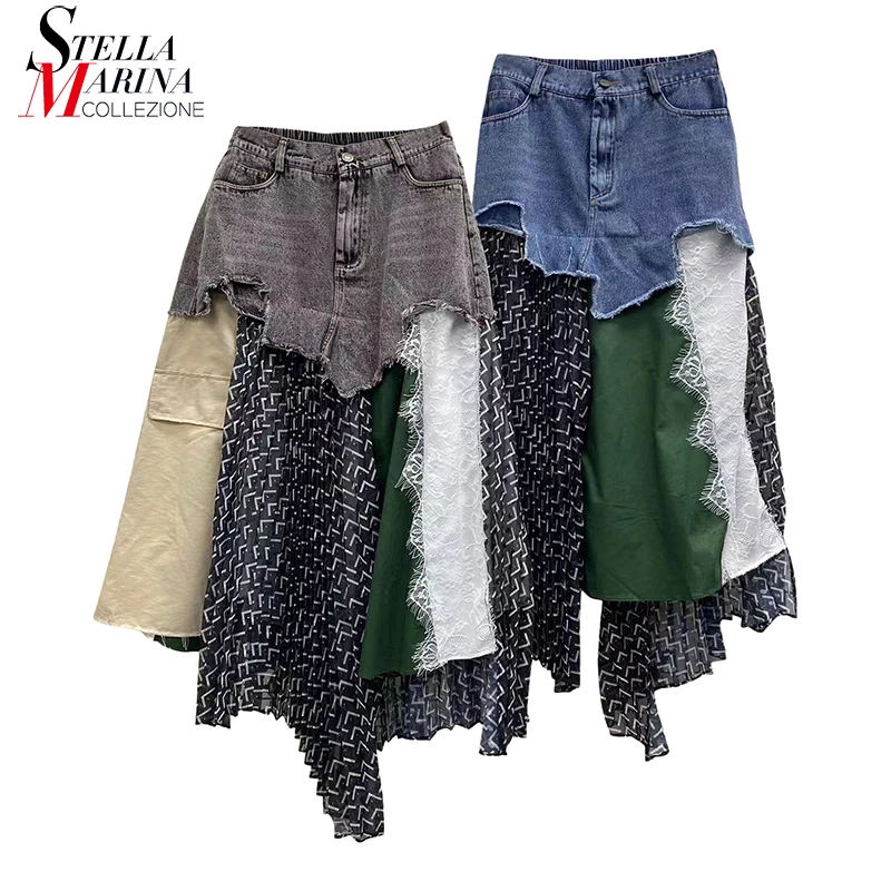 

New 2022 Black Blue Denim Lace Patchwork Woman Summer Irregular Skirt Elastic Waist Unique Style Girls Streetwear Skirt NF041