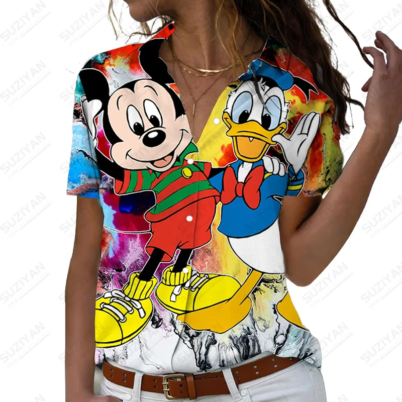 

Disney 3D Graphic Print Lapel Button Port Blouse Short Sleeve Blouse Casual Streetwear Tops Autumn Elegant Print Casual Shirts