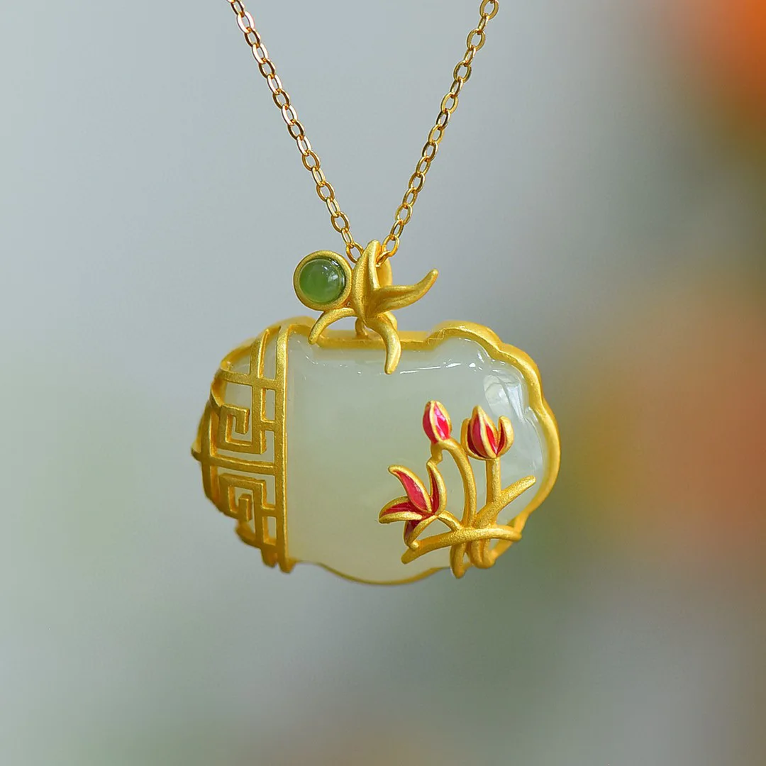

Women's Retro Magnolia Ruyi Lock Golden Necklaces Inlaid with Imitation White Jade Stone Pendant Necklace Neck Jewelry D1330