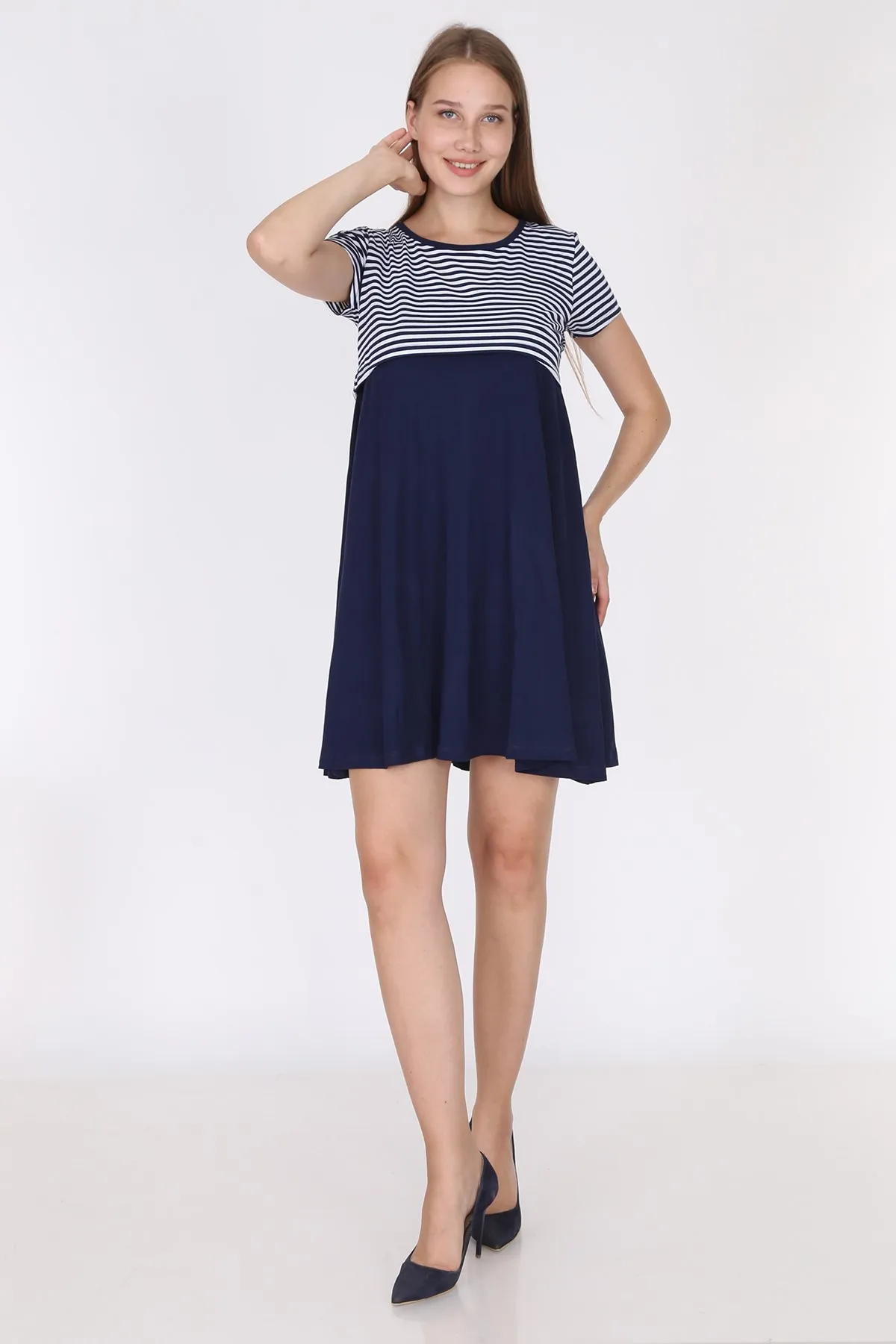 Luvmabelly 5851-верхнее темно-синее Полосатое черное платье для грудного вскармливания