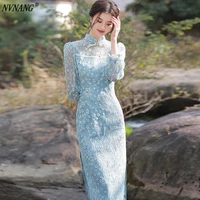 nvnang chinese cheongsam embroidered glass cheongsam fashion long sleeved daily slim young style slimming dress