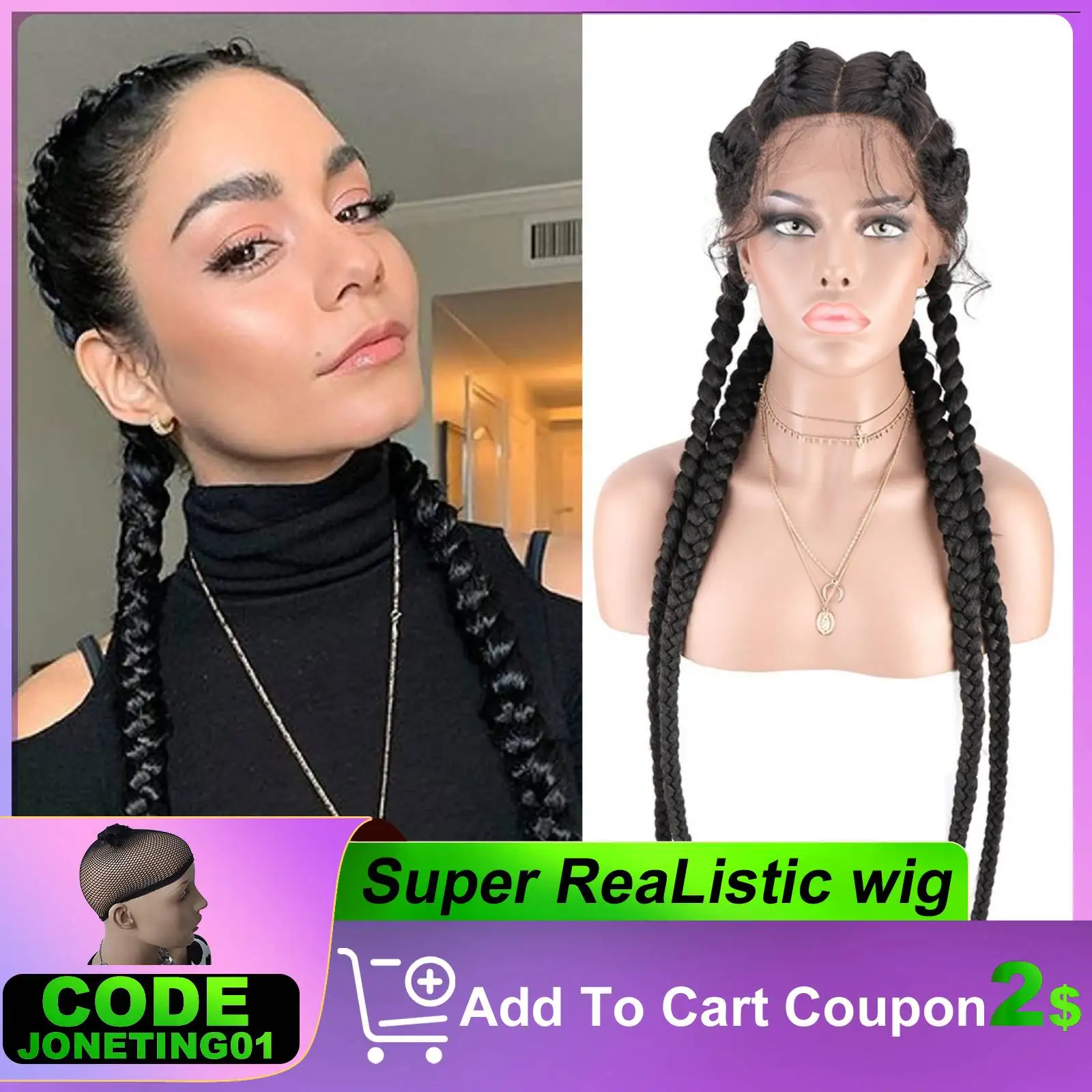 34Inch Braided Lace Front Wig African Glueless Box Lace Braided Wig for Black Women with Baby Hair Tresse Cornrow Synthetic Wigs