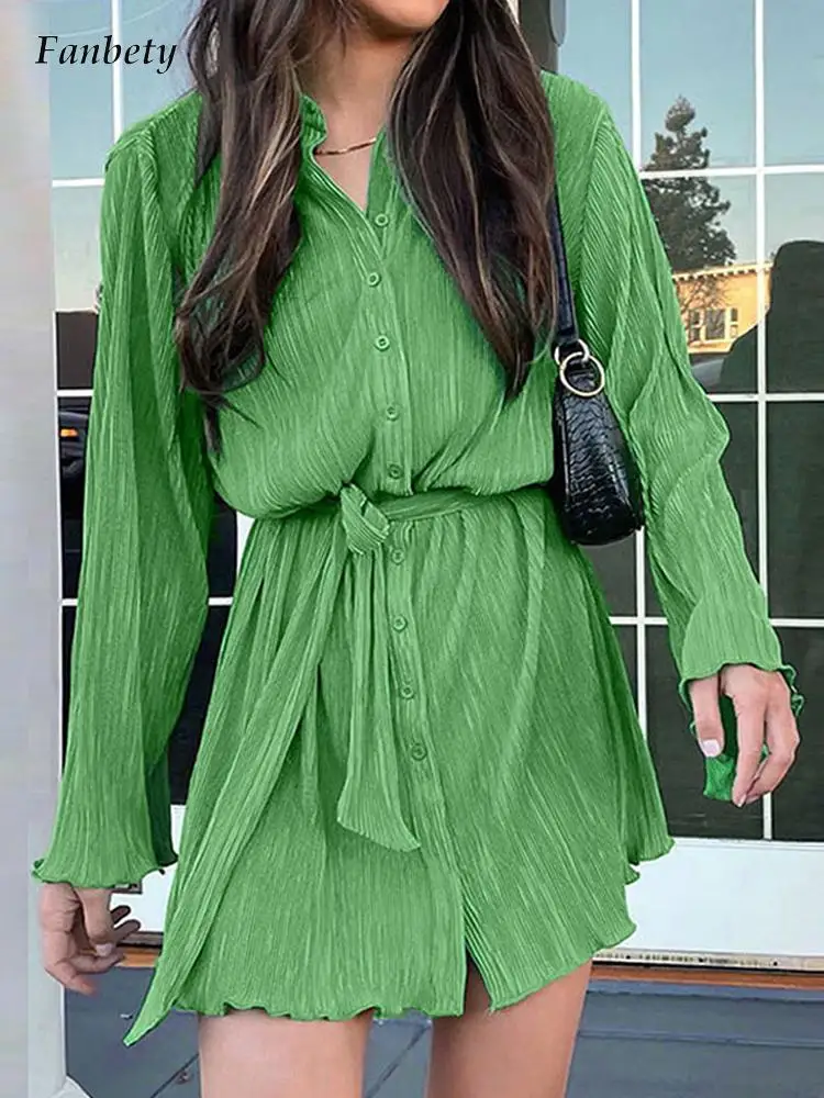 

Модное однобортное мини-платье с лацканами, элегантное Плиссированное свободное вечернее платье на шнуровке, женские повседневные однотон...