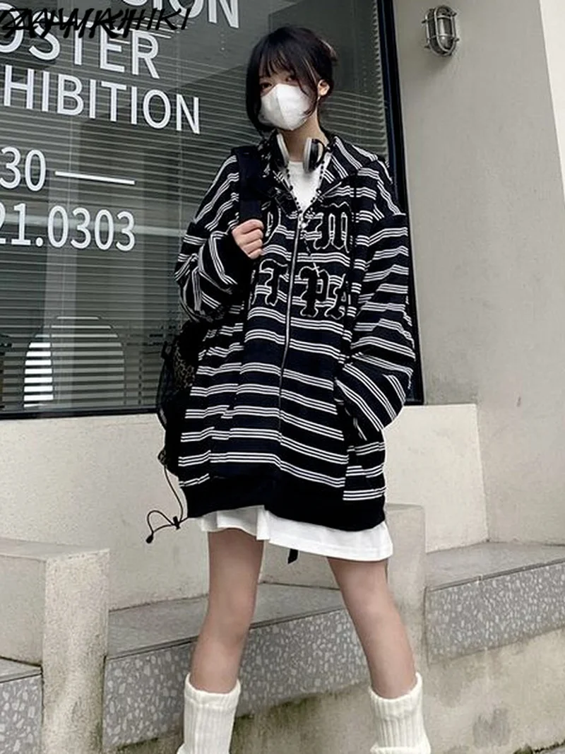 

Women Oversize Streetwear Y2K Long Sleeve Zip Up Hoodie Hiphop Harajuku Style Loose Striped Pullover Zipper Women Sweatshirt