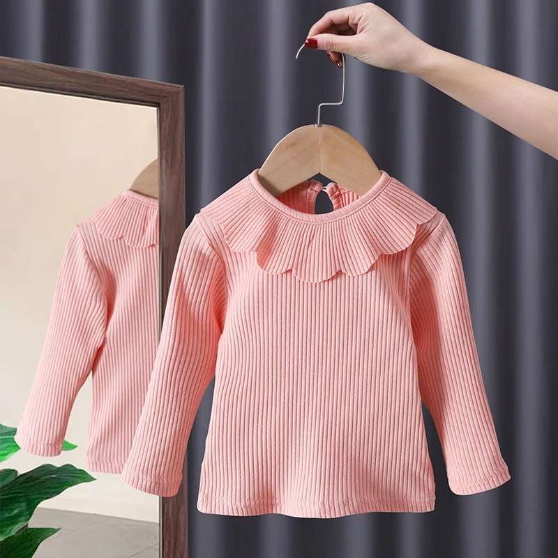 

2023 Korean Kids Spring Cotton Long Sleeve T-shirts Cute Solid Muslin Clothes Children From 2 Years For 7 Peter Pan Collar Tops