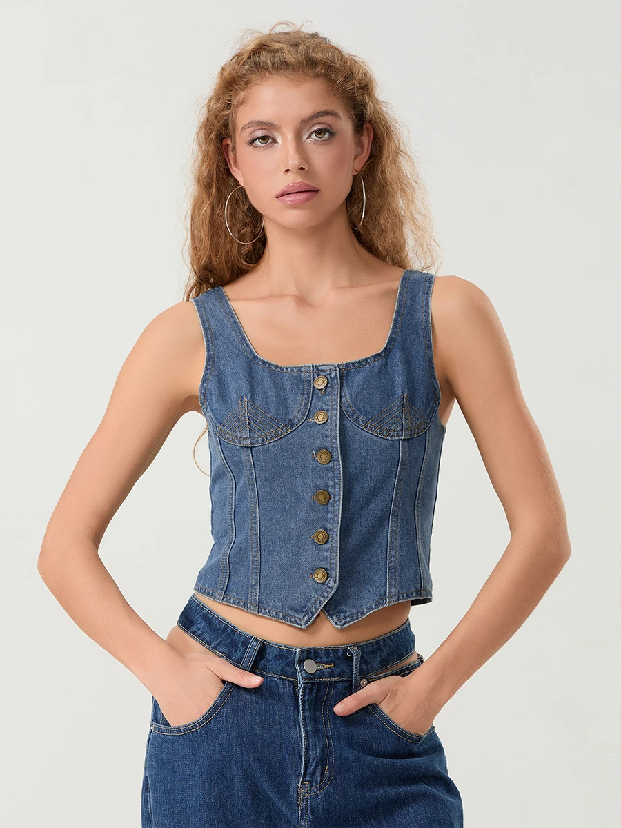 Женская джинсовая майка без рукавов с квадратным вырезом и открытой спиной