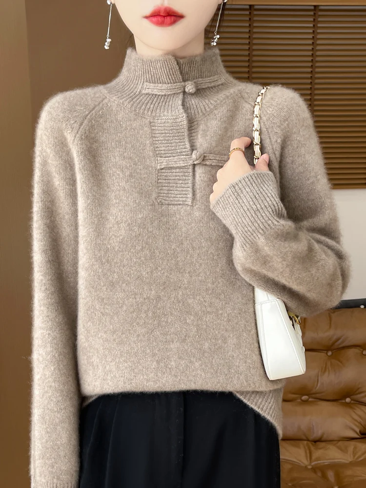 Женский пуловер с круглым вырезом вязаный шерстяной свитер средней высоты