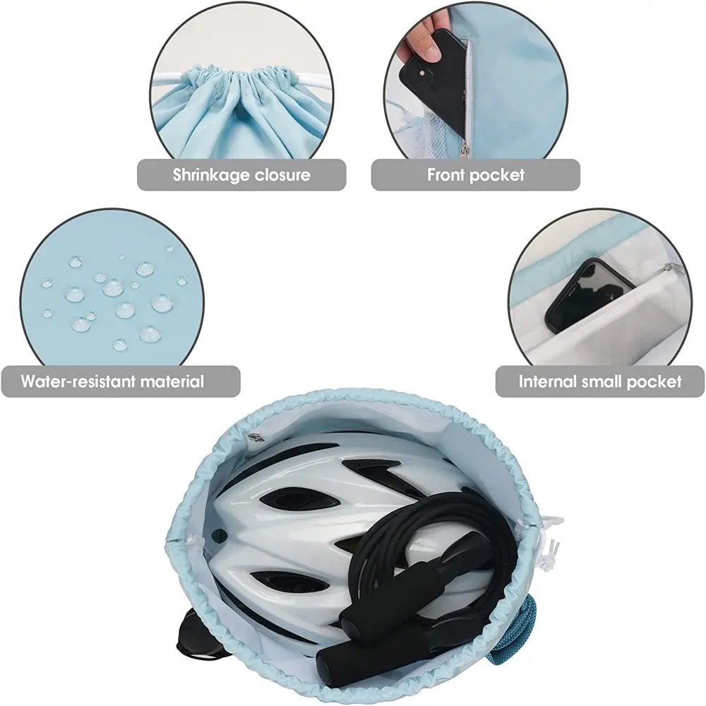 Drawstring Backpack Sports Gym Sackpack with Mesh Pockets Water Resistant String Bag for Women Men Children (Light Blue)