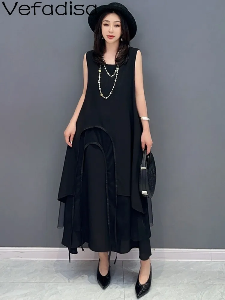 Vefadisa 2023 Summer New Fashion Casual Sleeveless Dress Asymmetric Black Personalized Women Skirt Trendy Girl Dress ZY695