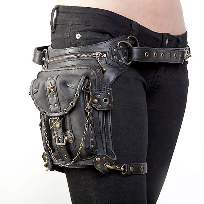 Waist Fanny Pack Leg Thigh Belt Bag for Unisex Motorcycle Rider Punk Rock Messenger Shoulder PU Leather Goth Retro Drop Bum Bags