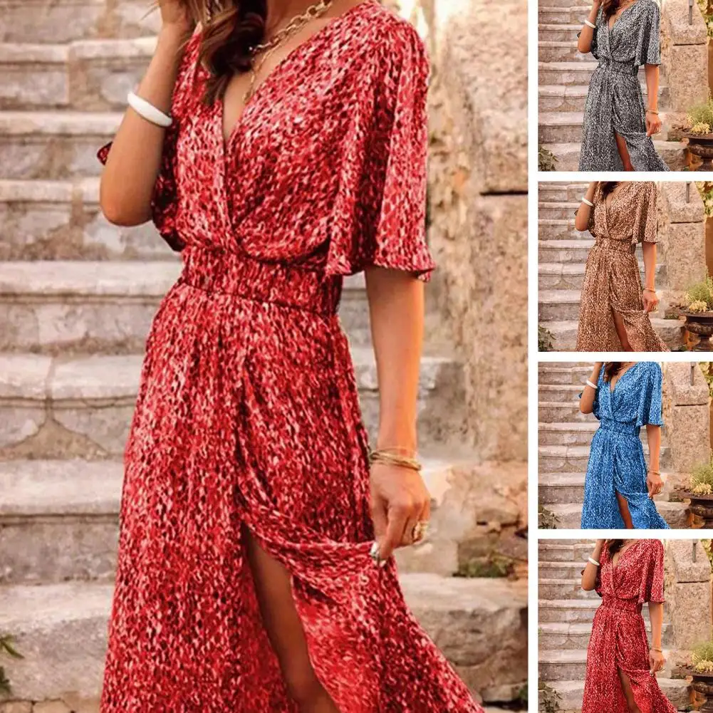 

Sexy Hollow Out High Waist Slit Boho Dress Women Elegant Floral Print Pleated Beach Dress Retro V-Neck Batwing Sleeve Long Dress